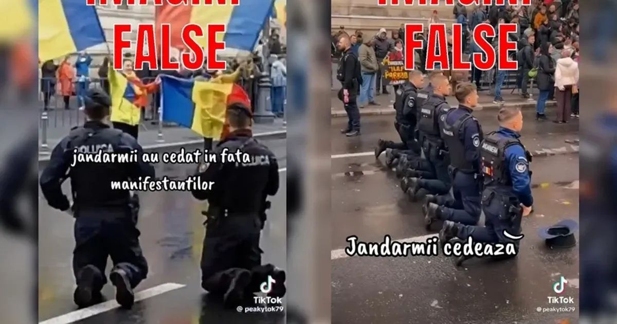 Jandarmeria Română dezminte imaginile false cu jandarmi îngenuncheați în fața protestatarilor
