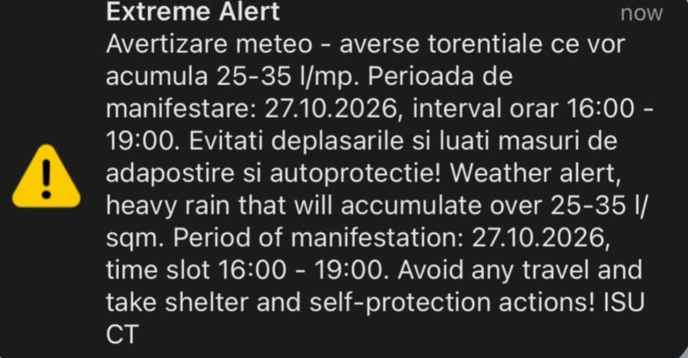 Cod roșu de ploi în Constanța: au fost emise mesaje RO-Alert pentru Năvodari, Ovidiu și Lumina