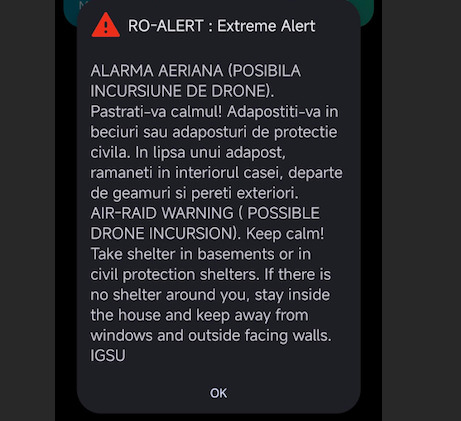 Mesaj RO-Alert emis în Iași după o posibilă incursiune de drone în spațiul aerian