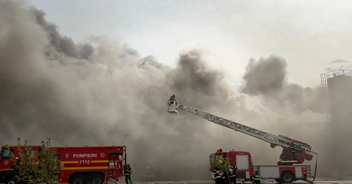 Incendiu de amploare la o fabrică de celuloză din Drobeta-Turnu Severin: arde o hală de 20.000 mp