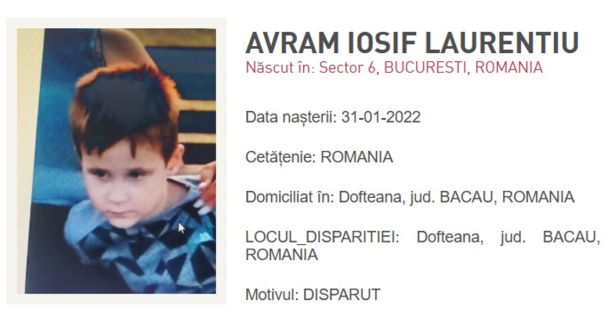 Copil de 4 ani dispărut de acasă din comuna Dofteana este căutat de forțele de ordine