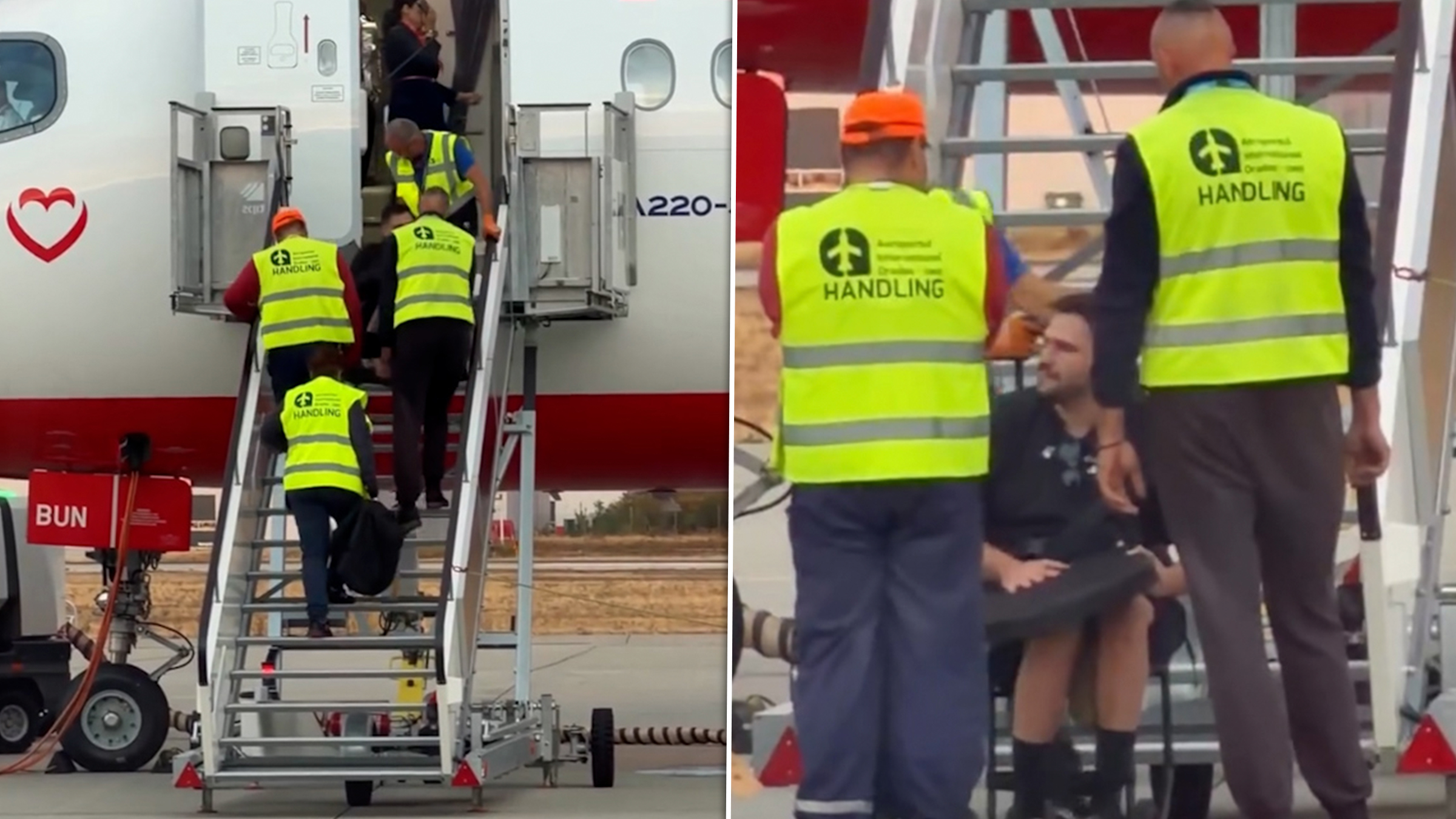 Imagini cu un pasager în scaun rulant urcat pe brațe pe scările unui avion la Oradea
