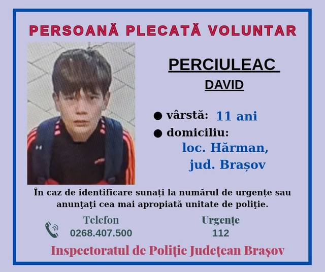 Copil de 11 ani din județul Brașov este căutat de poliție după ce a plecat de acasă