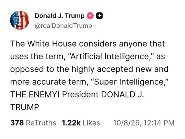 Donald Trump amenință cu tratamentul de „inamic” pentru cei care nu folosesc termenul „super inteligență”