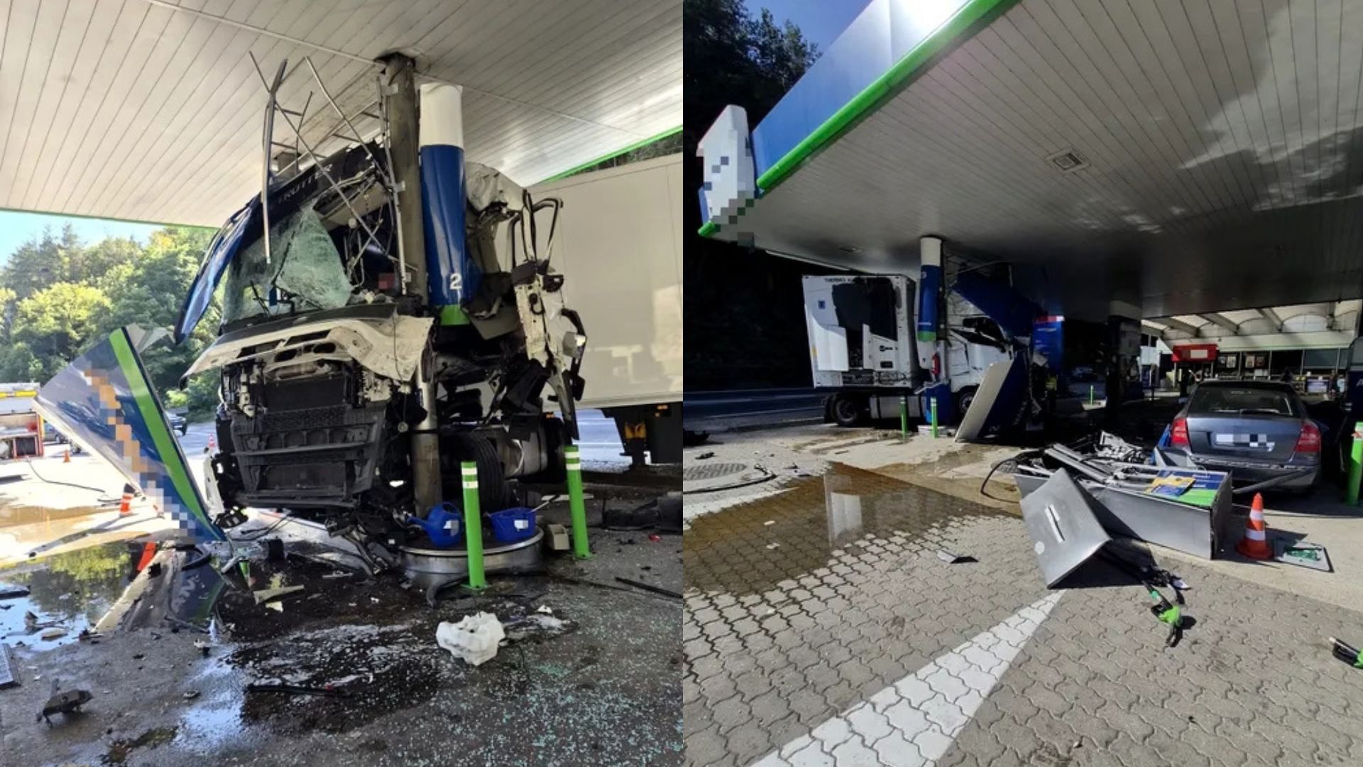 Accident violent pe Valea Oltului: Șoferul unui TIR a intrat într-o benzinărie fiind sub influența alcoolului