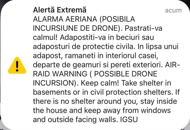 Mesaj RO-Alert emis pentru nordul județului Tulcea din cauza unei posibile incursuniuni de drone